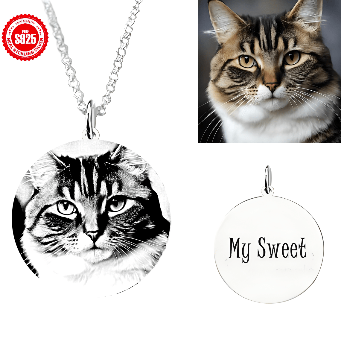 Customized 925 Silver Round Pendant Necklace with Engraved Pet Photos